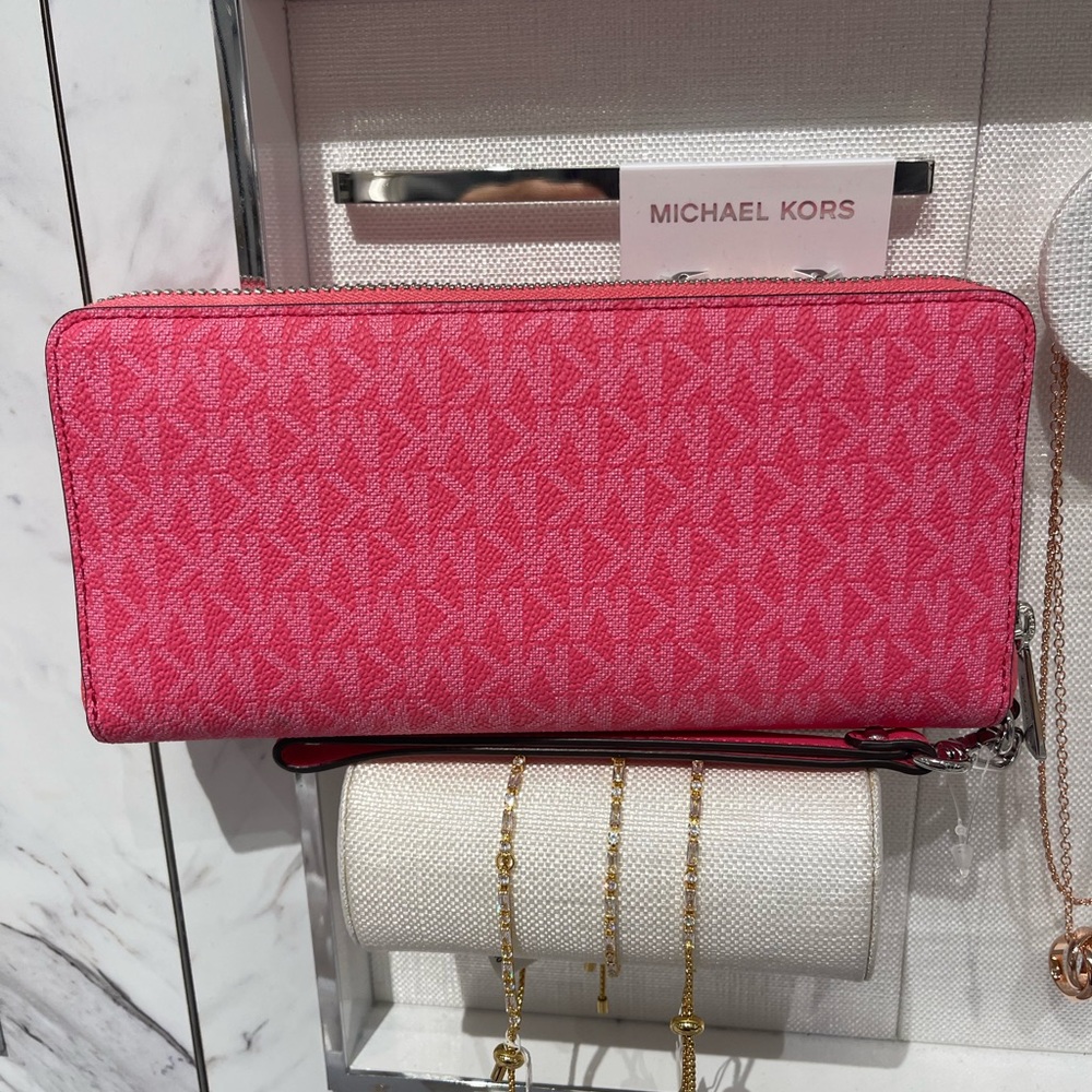 MICHAEL KORS Jet Set Large Signature Logo Continental Wallet Wristlet Hibiscus - Picture 9 of 16